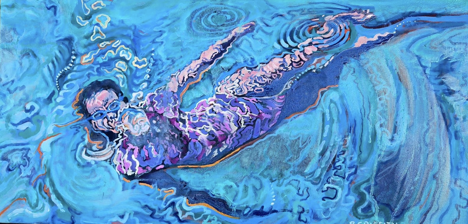Painting of young girl swimming in a pool.